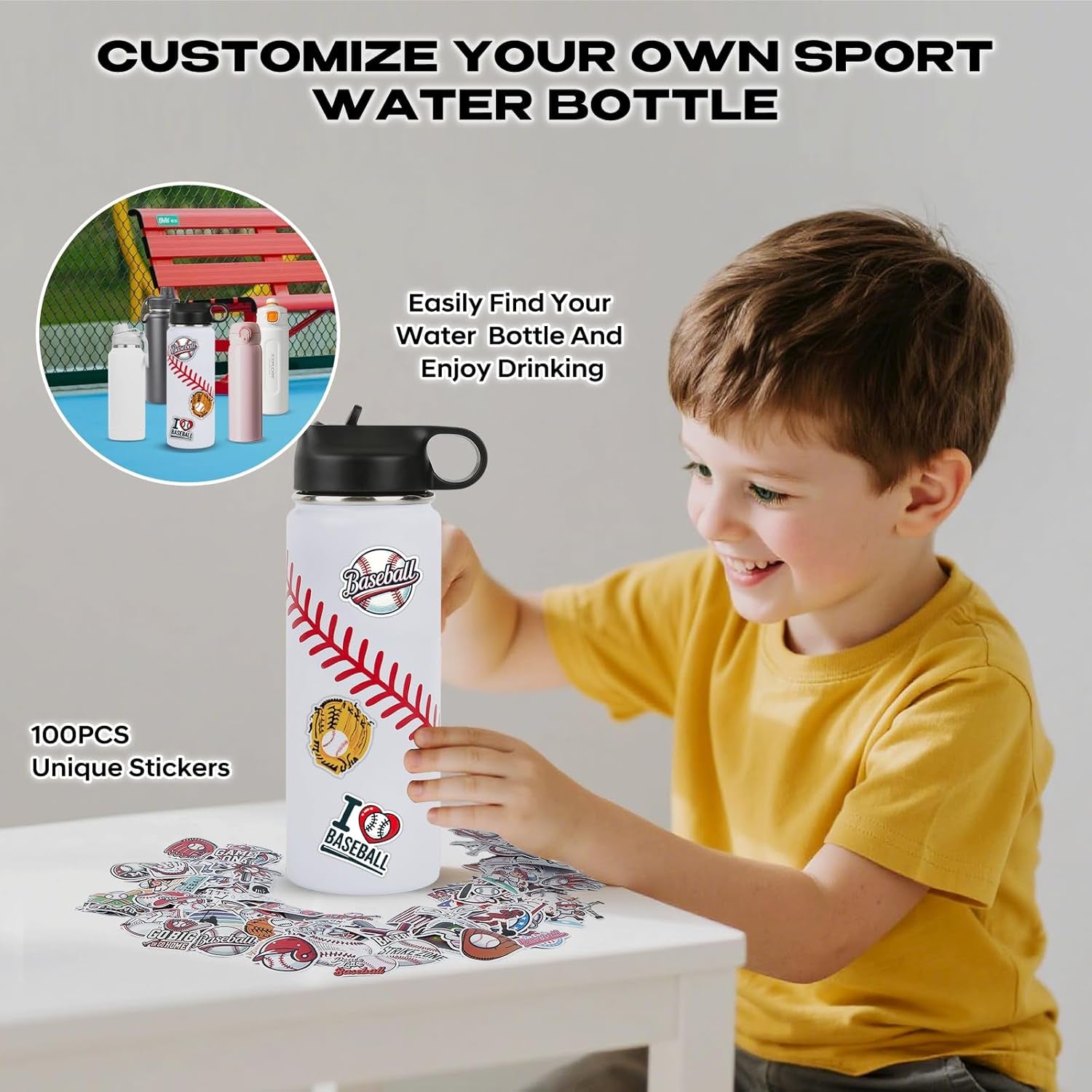 Baseball Water Bottles for Boys 18 Oz and 100 PCS Baseballs Stickers Personalized Sports Insulated Stainless Steel Water Bottle Baseball Accessories Stuff Gear Gifts for 8-12 12-14 Player
